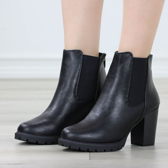 Womens Ankle Boots Lug Block Heel Black Synthetic Leather Round Toe Elastic Gore - Picture 7 of 13